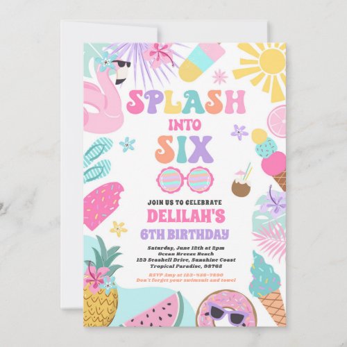 Splash Into Six Tropical Beach 6th Birthday Party Invitation