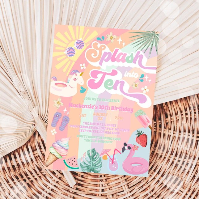 Splash Into Ten Summer Rainbow Sun 10th Birthday  Invitation (Creator Uploaded)