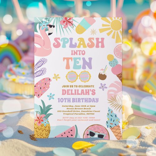 Splash Into Ten Tropical Beach 10th Birthday Party Invitation