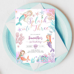 Splash Into Three Mermaid Under The Sea Birthday Invitation