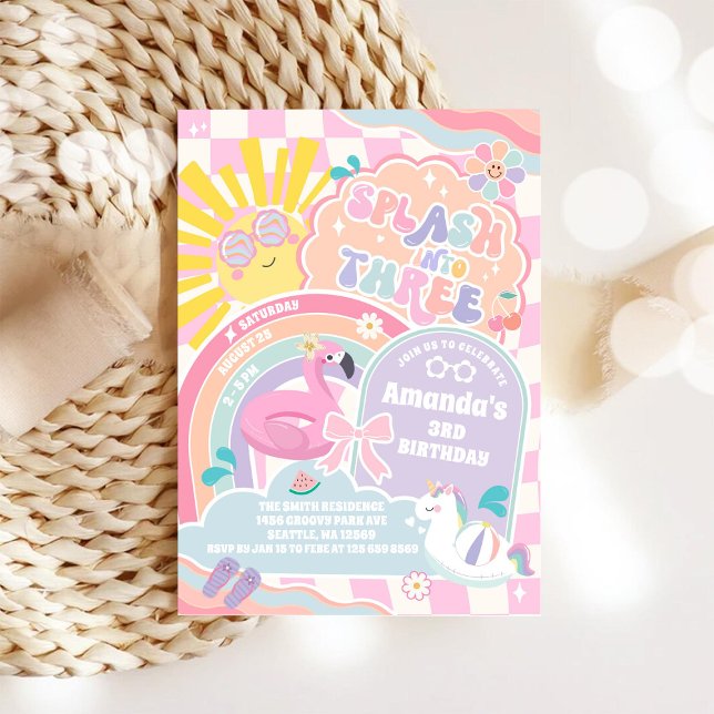 Splash Into Three Pool Party Rainbow 3rd Birthday Invitation (Creator Uploaded)