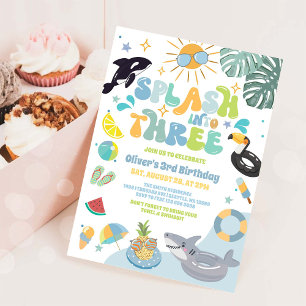 Splash Into Three Pool Party Summer 3rd Birthday Invitation