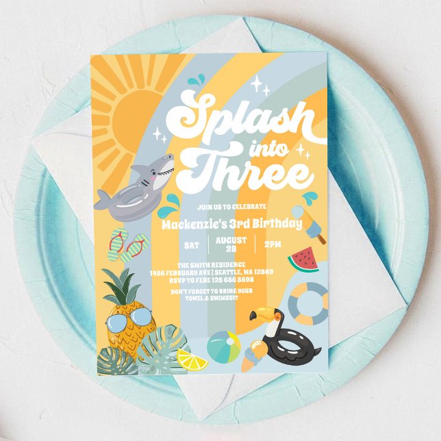 Splash Into Three Summer Rainbow Sun 3rd Birthday  Invitation (Creator Uploaded)