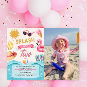 Splash Into Two Summer Pool Birthday Party Photo Invitation