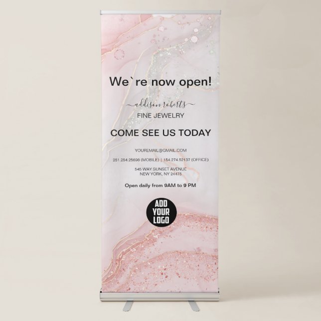 Splash Liquid Glitter Pink Marble Retractable Bann Banner (Front)