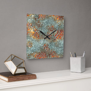 Splash matte metal melted on vivid orange texture  square wall clock