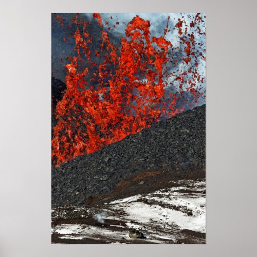 Splash of hot lava from crater of erupting volcano poster