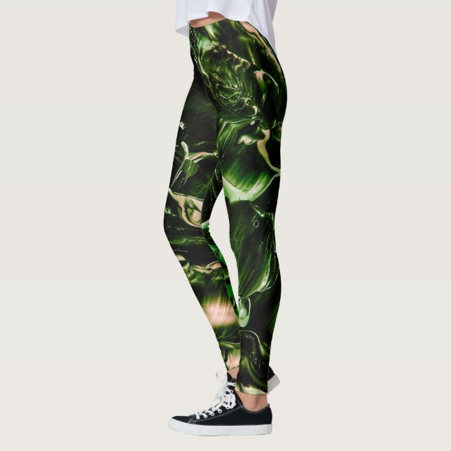 Splash of Poison Dark Green & Beige Waves Leggings (Left)