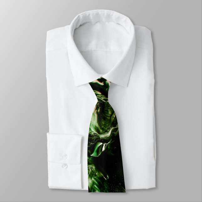 Splash of Poison Dark Green & Beige Waves Neck Tie (Tied)