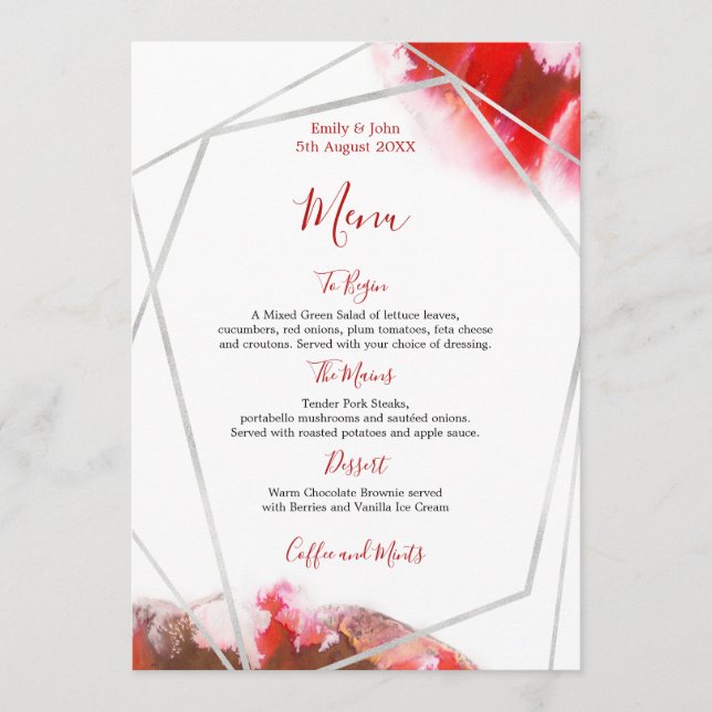 Splash of Red Watercolors/silver geometric Wedding Menu (Front)