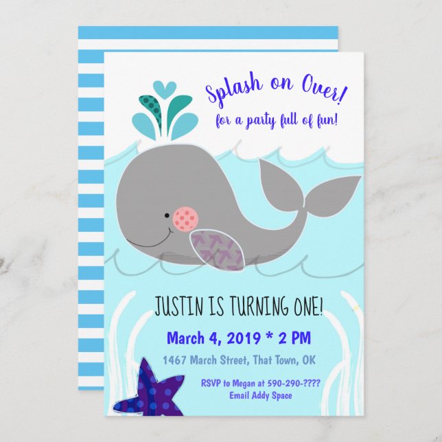 Splash on over Whale 1st Birthday Invitation (Front/Back)