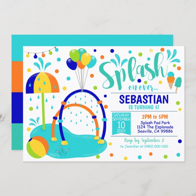 Splash Pad Invitation Water Park Birthday Boy (Front/Back)