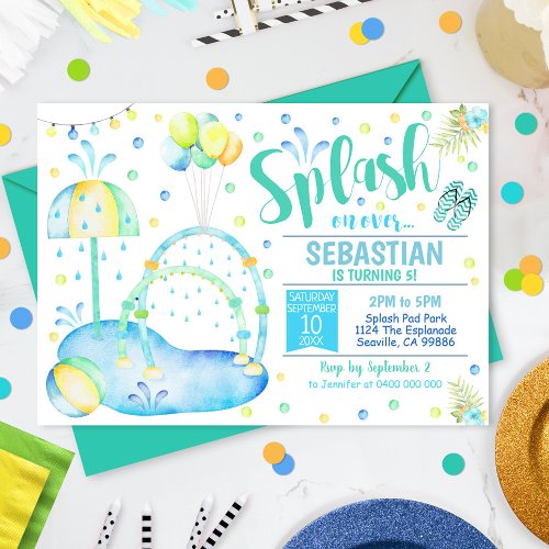 Splash Pad Invitation Water Park Birthday Boy Blue