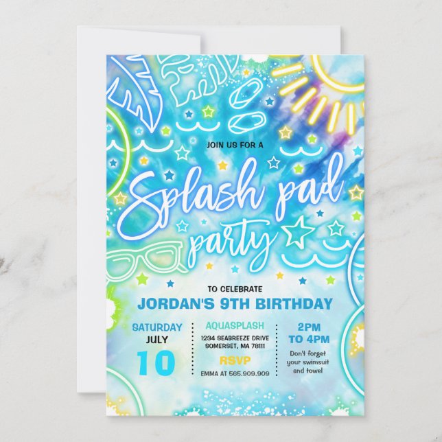 Splash Pad Waterpark Birthday Party Tie Dye Glow Invitation (Front)