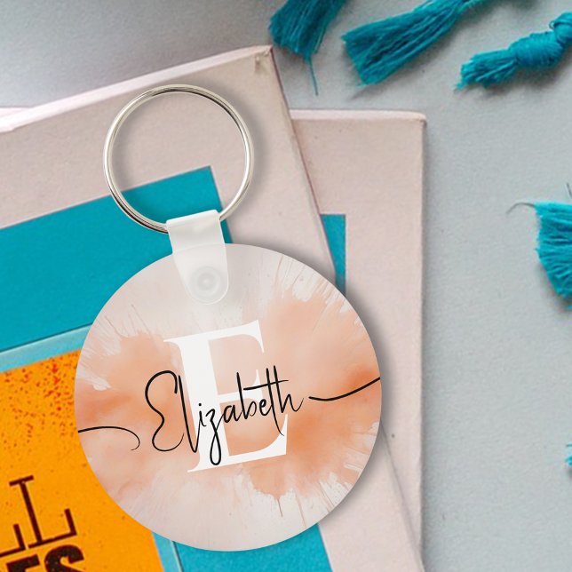 Splash Peach Watercolor Trendy Chic Monogram Keychain (Creator Uploaded)