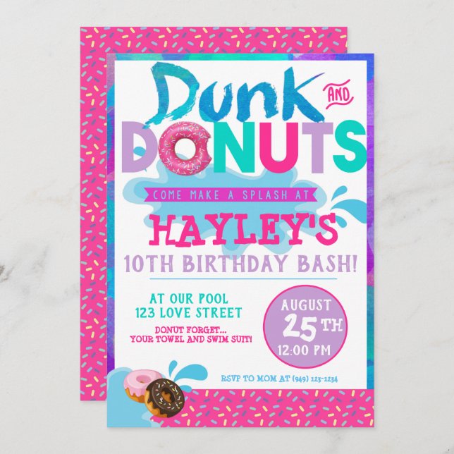 Splash Pool Dunk n Donut with Sprinkles Party Invitation (Front/Back)