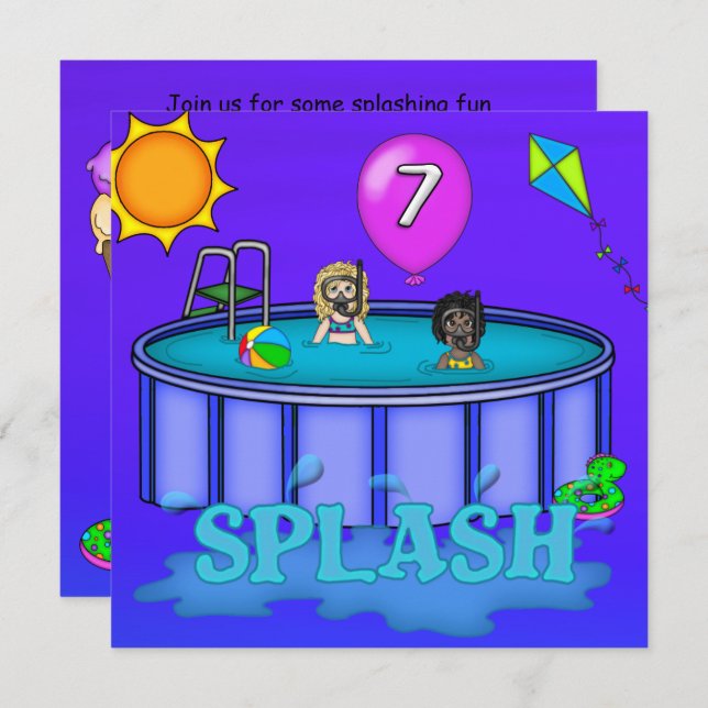 "Splash" Pool Party 7th Birthday Invitation (Front/Back)