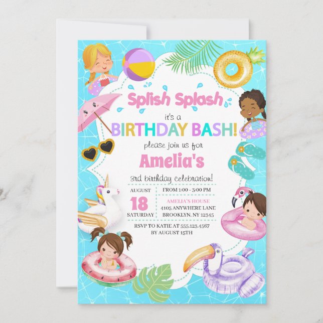 Splash Pool Party Birthday Invitation - Girl (Front)