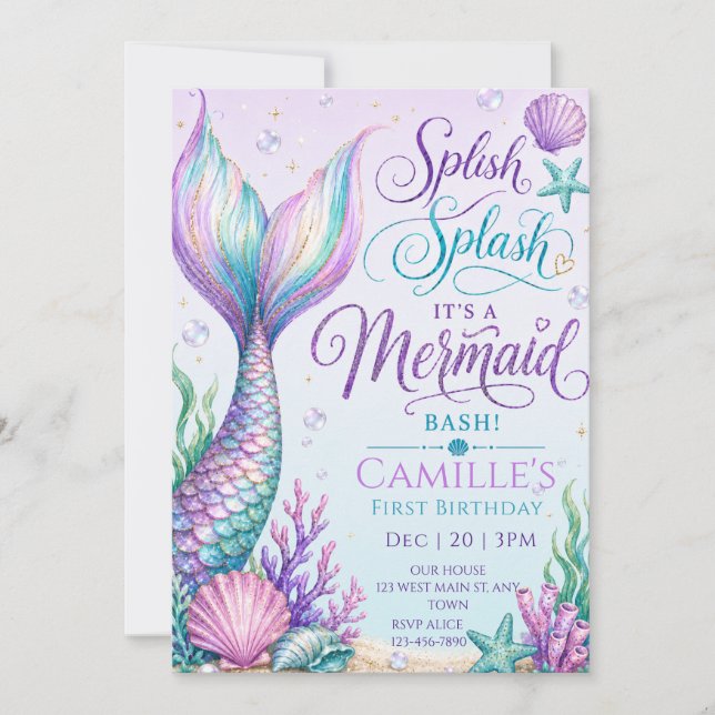 Splash Splash It’s a Mermaid Bash Birthday Invitation (Front)