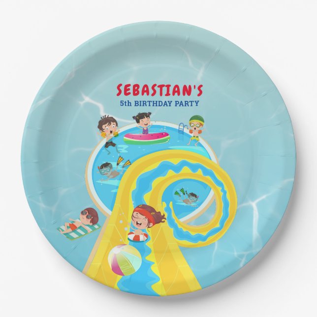 Splash Water Park Summer Waterslide Birthday Party Paper Plates (Front)