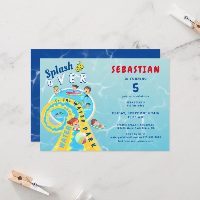Splash Waterslide Water Park Summer Birthday Party Invitation (Front/Back In Situ)