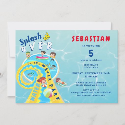 Splash Waterslide Water Park Summer Birthday Party Invitation 