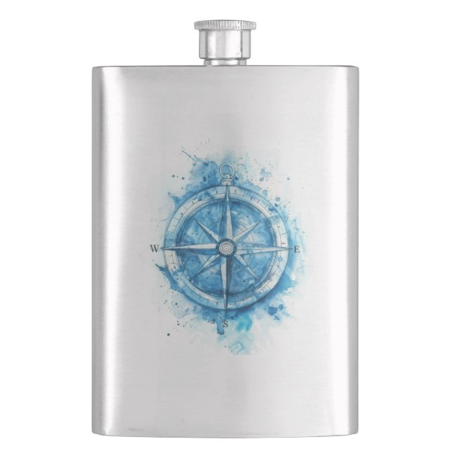 Splashed Compass - blue artistic water color Flask (Front)