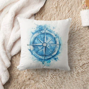 Splashed Compass - blue artistic water color Throw Pillow