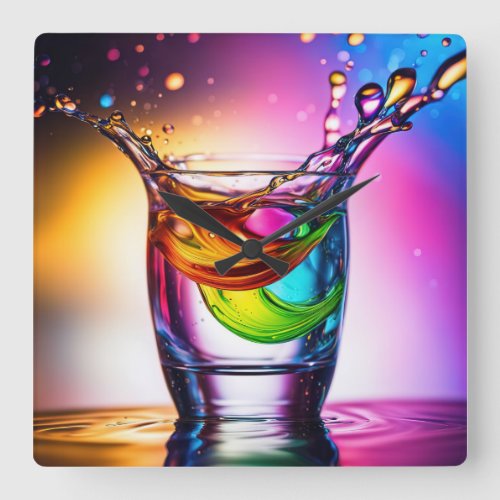 Splashes in a colorful glass square wall clock