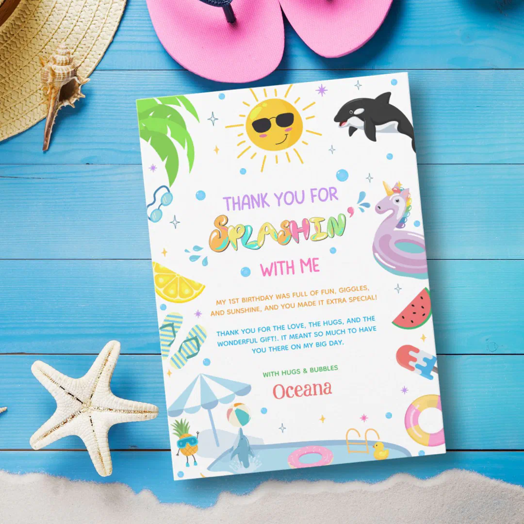 A cheerful illustrated thank you card laid on a vivid blue planked surface with a starfish, straw hat, pink flip flops, and a sprinkle of sand in the corners, decorated with a border of playful cartoon summer icons including a sunglass-wearing sun, a leaping orca, a purple unicorn ring float, a rubber duck, a pineapple character, and colorful pool floats.