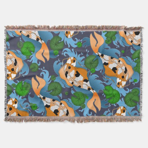 Splashing Asian Koi Fish Pond Lily Throw Blanket