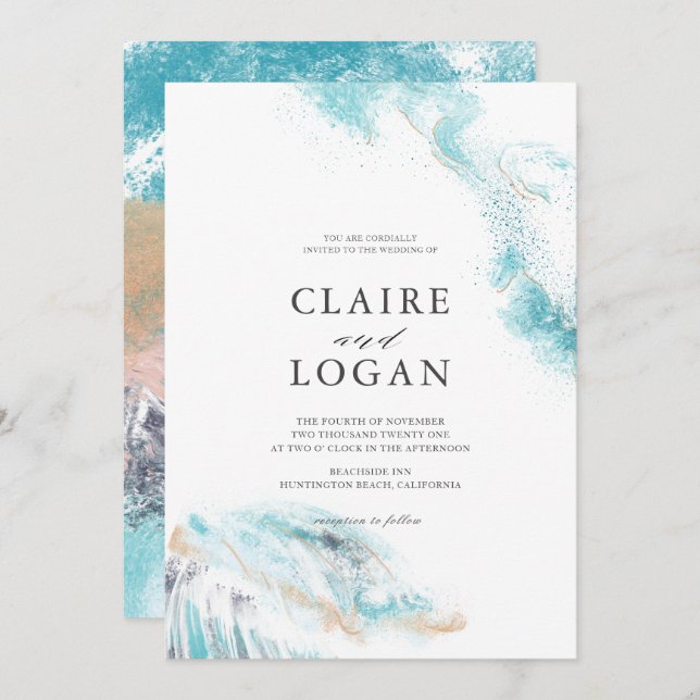 Splashing Blue Waves Coastal Wedding Invitation (Front/Back)