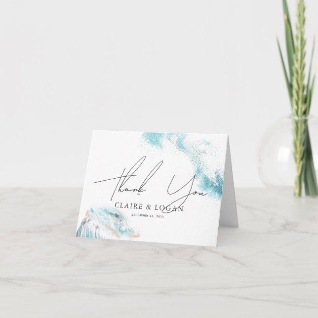 Splashing Blue Waves Coastal Wedding Letterpress Thank You Card (Front)