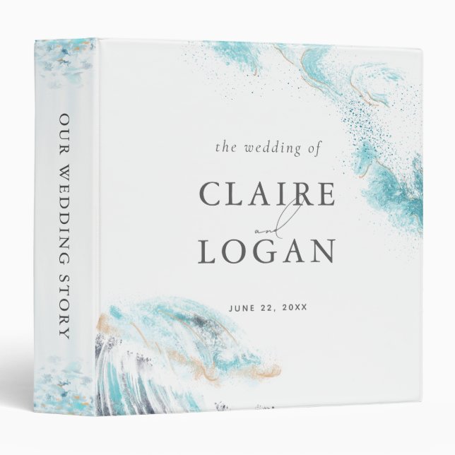 Splashing Blue Waves Coastal Wedding Photo Album 3 Ring Binder (Front/Spine)