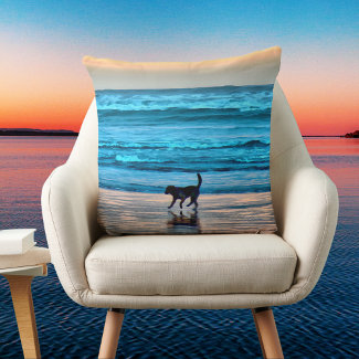 Splashing Dog on Sunset Beach Simulated Watercolor