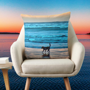 Splashing Dog on Sunset Beach Simulated Watercolor Throw Pillow
