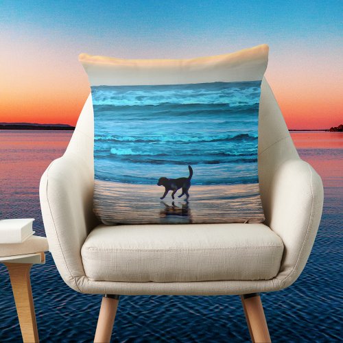 Splashing Dog on Sunset Beach Simulated Watercolor Throw Pillow