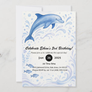 Splashing Dolphin & Ocean Swirls Birthday  Invitation