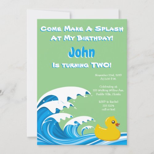Splashing Duck 2nd Birthday Party Invitation