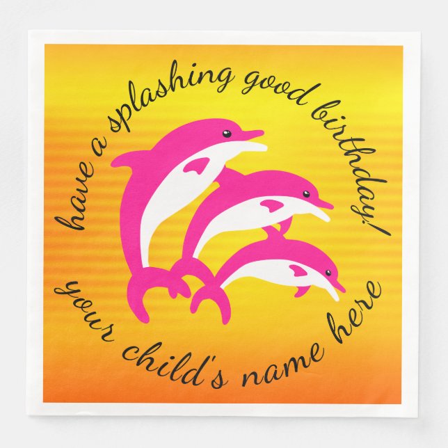 Splashing Good Birthday Dancing Pink Dolphins Paper Dinner Napkins (Front)