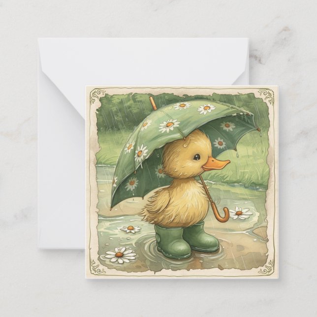 Splashing into Fun: Adorable Duck Rain Note Card (Front)