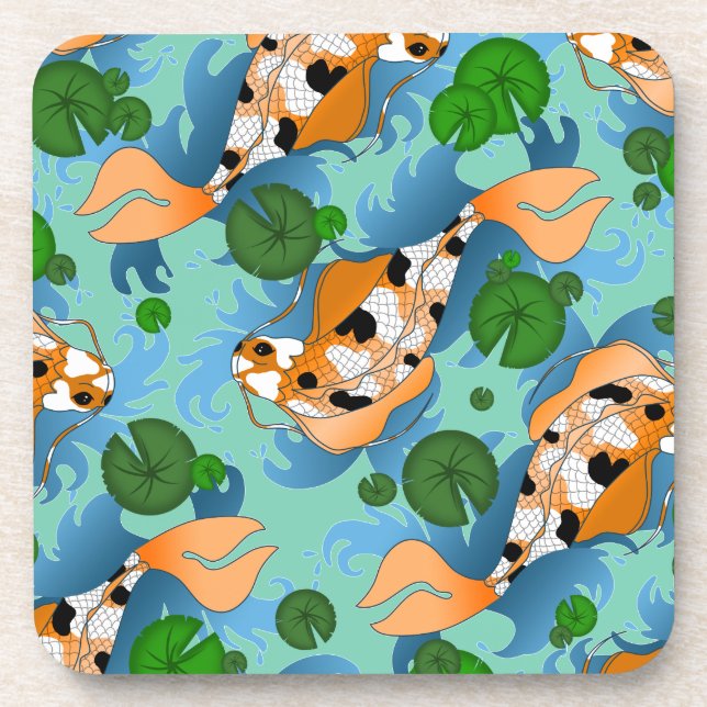 Splashing Koi Fish and Pond Lilies Custom Beverage Coaster (Front)