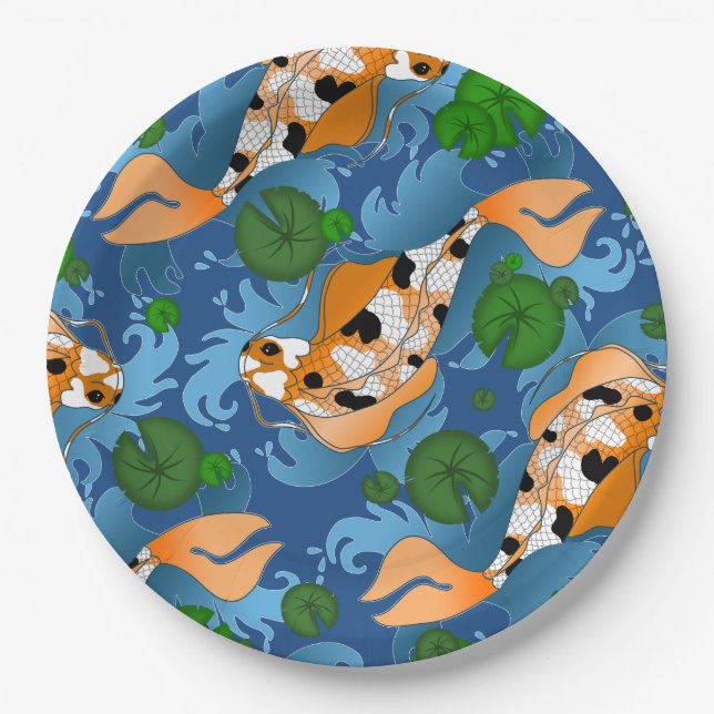 Splashing Koi Fish and Pond Lilies Custom Paper Plates (Front)