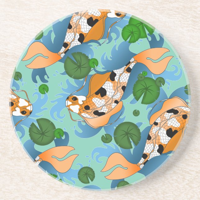 Splashing Koi Fish and Pond Lilies Custom Sandstone Coaster (Front)