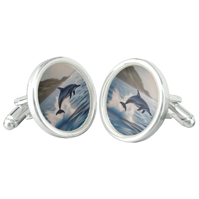 Splashing Leaping Dolphin: A Dance of Joy in Ocean Cufflinks (Angled)