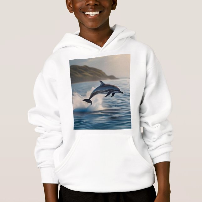 Splashing Leaping Dolphin: A Dance of Joy in Ocean Hoodie (Front)