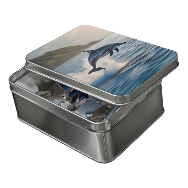 Splashing Leaping Dolphin: A Dance of Joy in Ocean Jigsaw Puzzle (Lid Open)