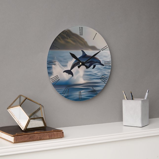 Splashing Leaping Dolphin: A Dance of Joy in Ocean Large Clock (Office)