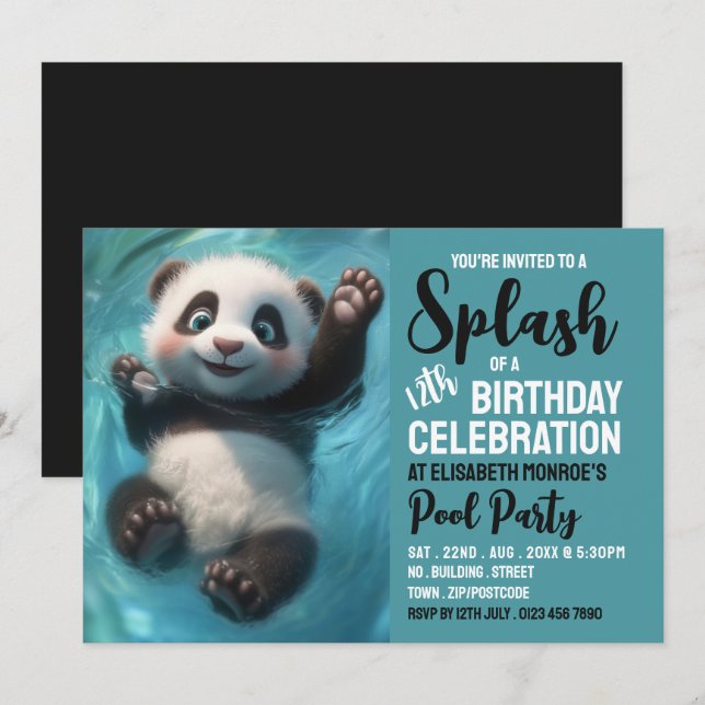 Splashing Panda Bear, Pool Party Birthday  Invitation (Front/Back)