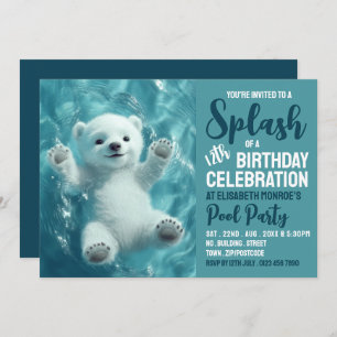 Splashing Polar Bear, Pool Party Birthday Invitation